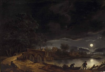 Vollmond über Dorf am Fluss mit Brücke und Personenstaffage von Adolph Friedrich Vollmer